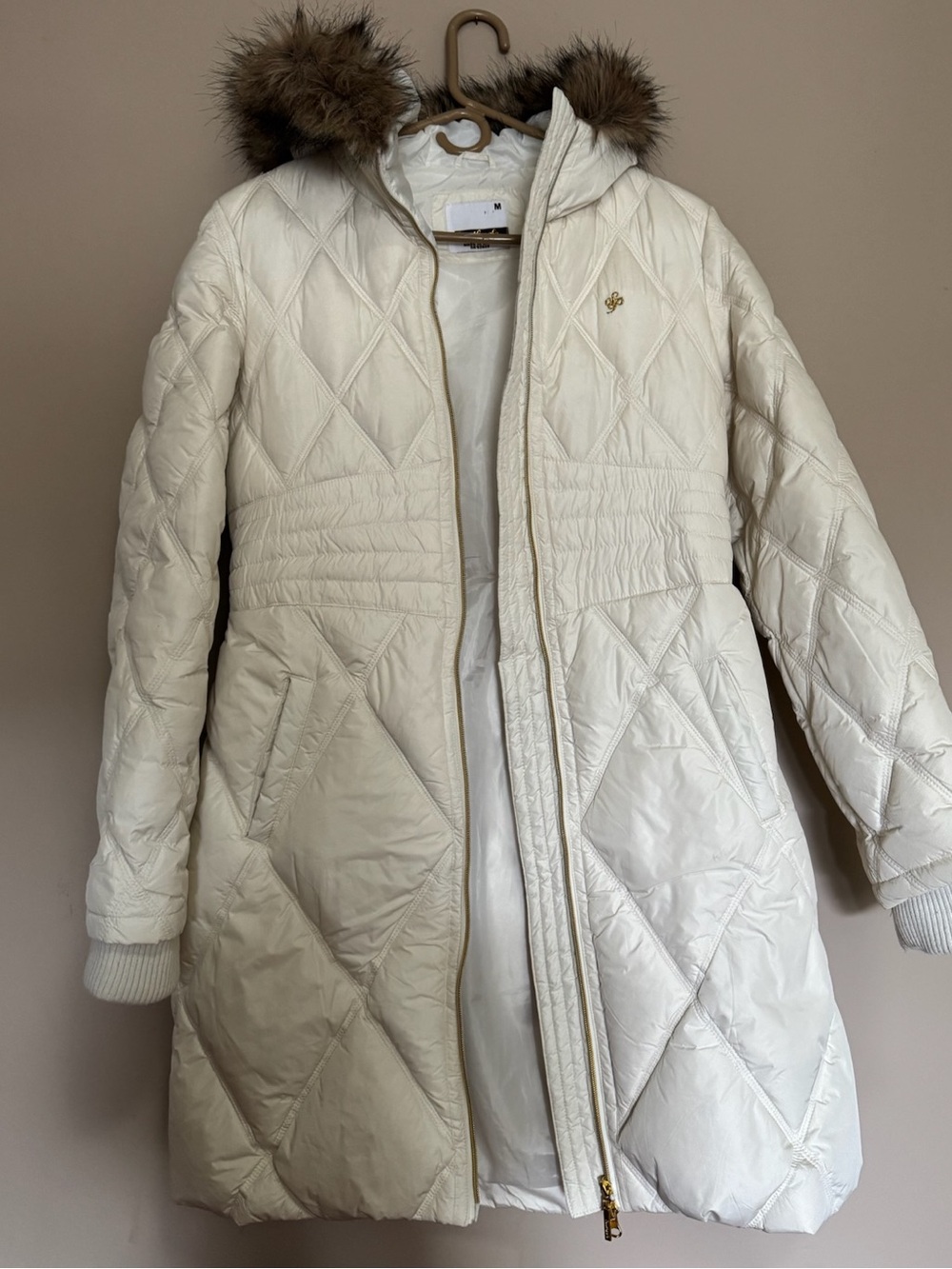 South Pole Cream Quilted Hooded Puffer Coat with Faux Fur Trim
